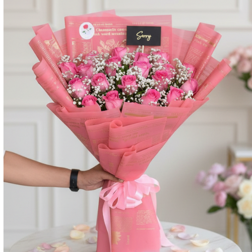 Pink roses flowers bouquet for sorry and apology gift with luxury pink wrapping