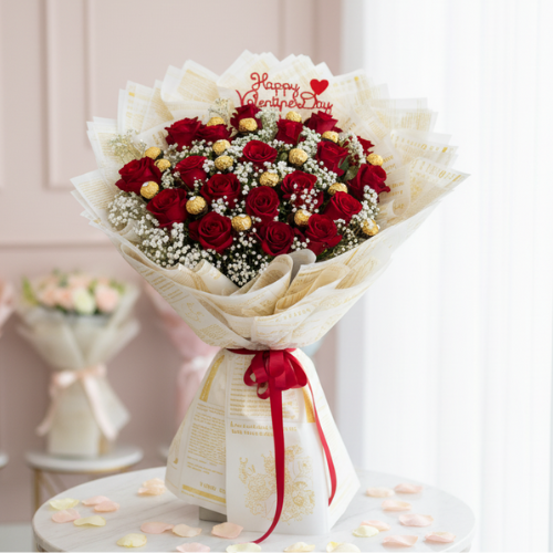 Love Delight red roses flowers bouquet with chocolates for Valentine’s Day