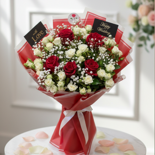 Love Union red and white roses flowers bouquet for wedding and anniversary gifting